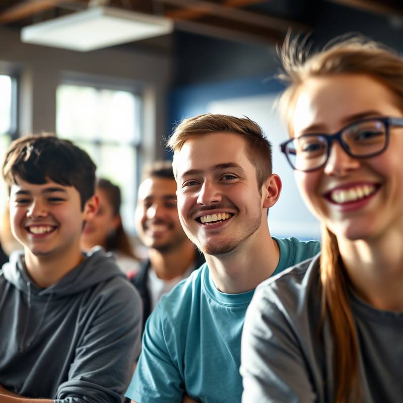 Een groep studenten die lacht tijdens een improvisatie oefening